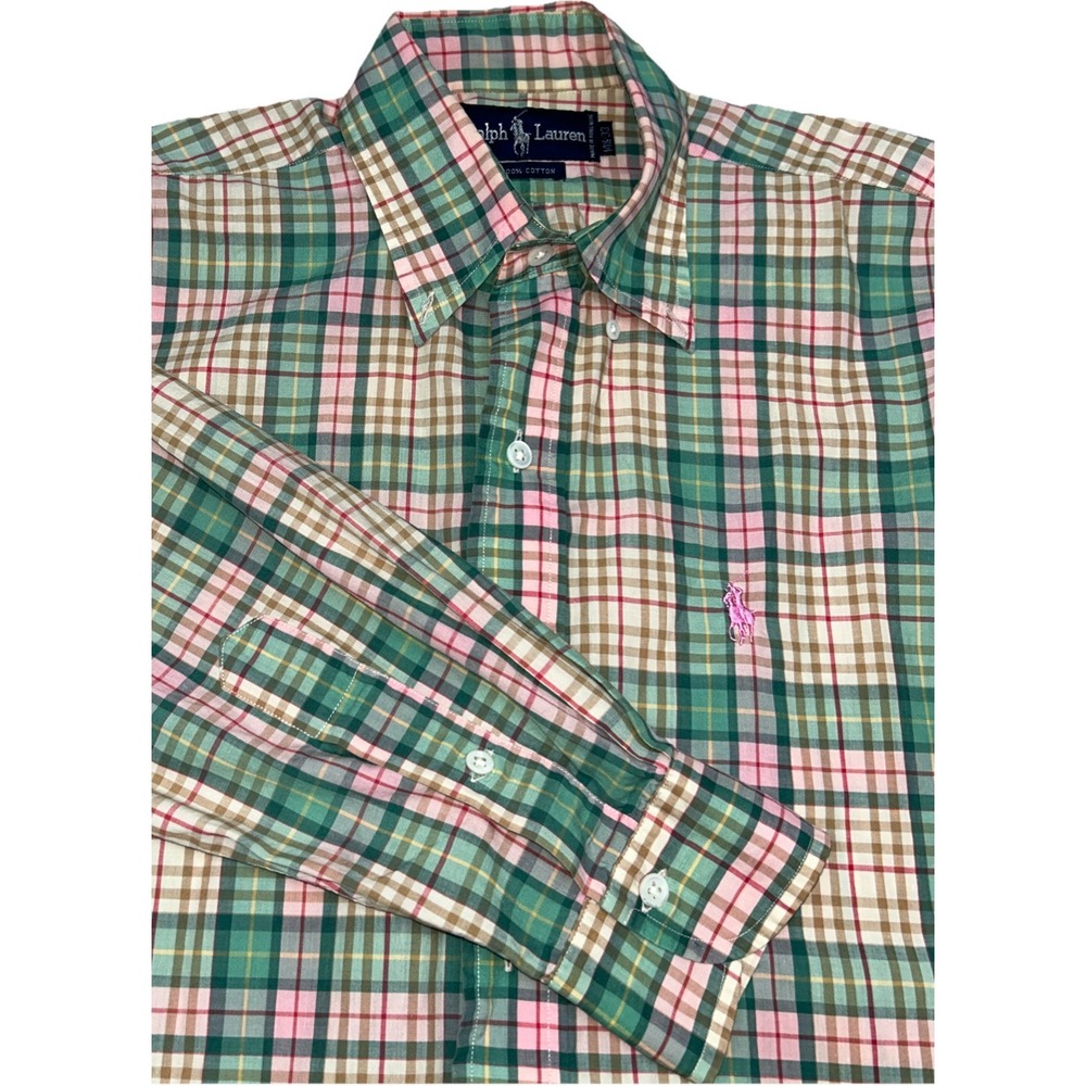 Ralph Lauren Long Sleeve Button Down Plaid , Springtime Easter, Mens 14.5-33,